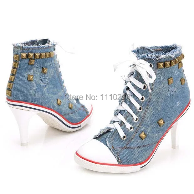 

new arrival canvas high heeled casual shoes vintage rivets hollow high top ankle strap boots denim lace up single shoes pumps
