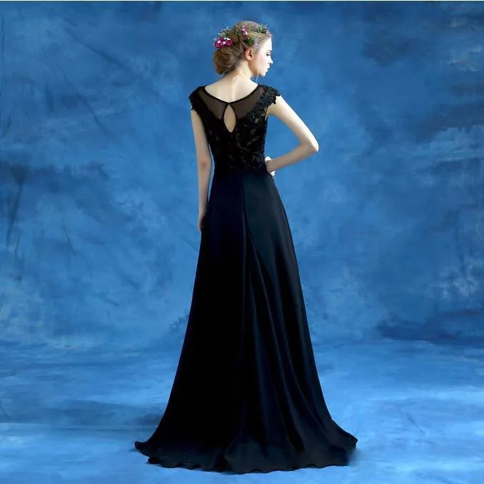2016 line Бато Cap Рукавом Аппликация vestido де феста лонго Вечернее Платье Черный