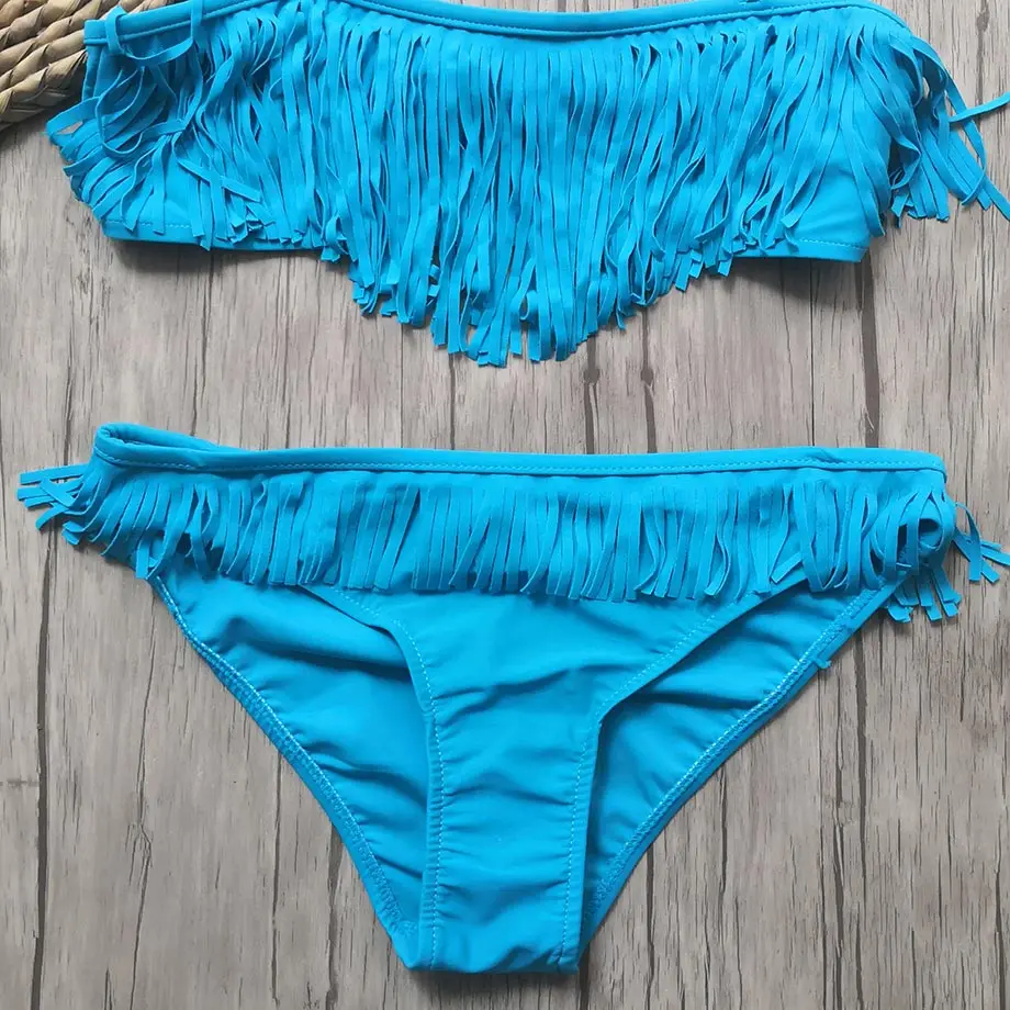 Купальный костюм для девочек-подростков комплект бикини с бахромой и лямкой на