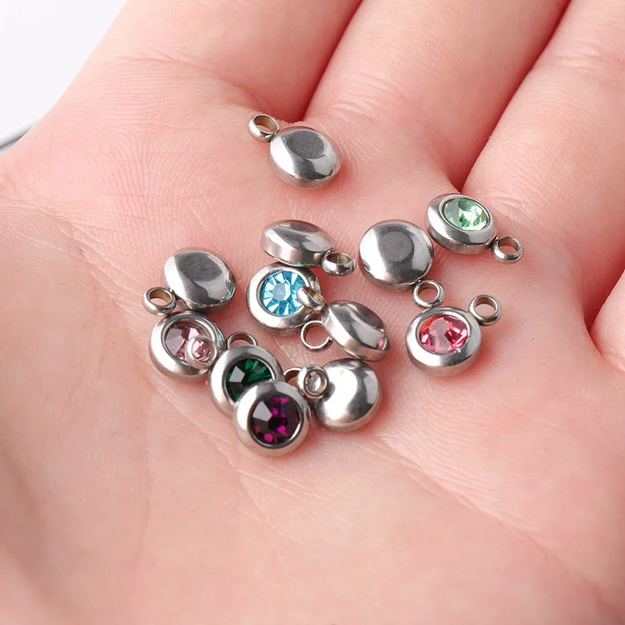 

Fnixtar 60Pcs/Lot Stainless Steel Birthstone Charms 6.5mm Rhinestones Month Birthstone Charms For DIY Jewelry Making Necklace