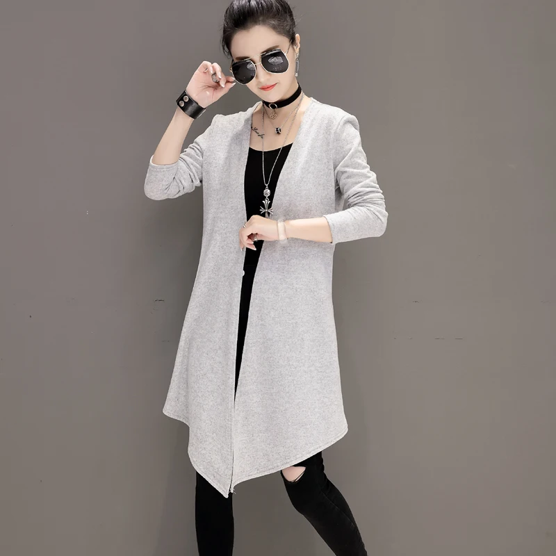 Новый весенний женский длинный кардиган Однотонный вязаный свободный свитер с