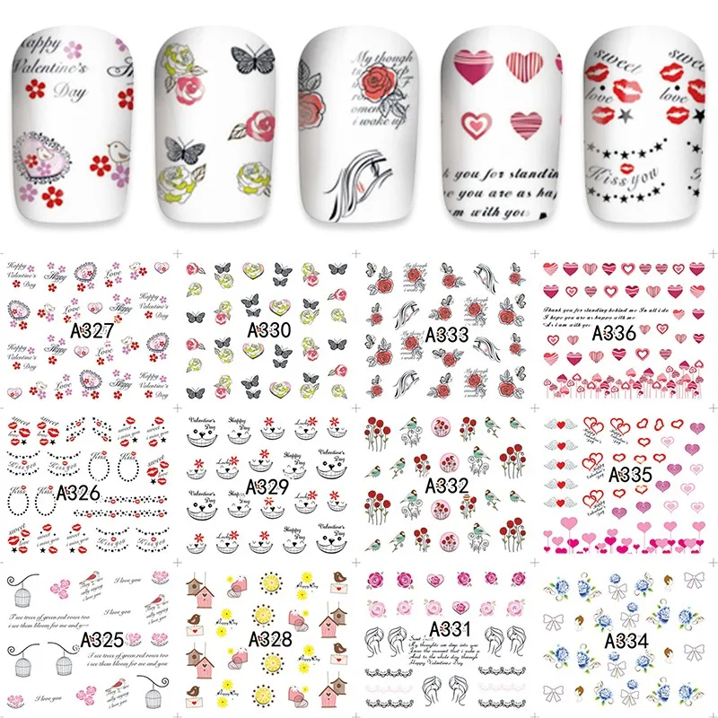 

2018 12 постельные простыни, модный, переводятся с помощью воды Nail Art наклейки в виде сердца и типсы, наклейки на ногти аксессуары DIY A325-336