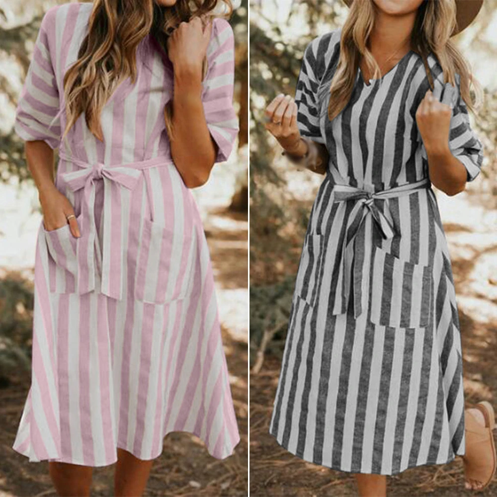 Женская одежда летнее богемное Полосатое платье с v образным вырезом карманом и