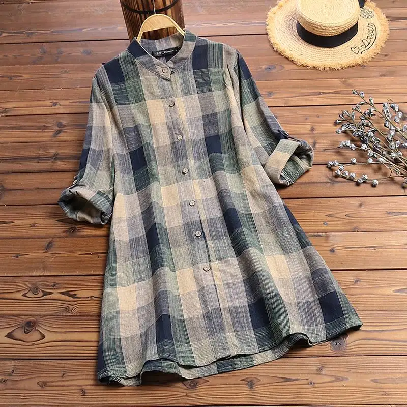 Зеленый ZANZEA Autumn Vintage Plaid Check Long Shirt Women Long Sleeve Buttons Blouse Tunic Tops Casual Work Blusas Femininas Vestido - Цвет: Зеленый