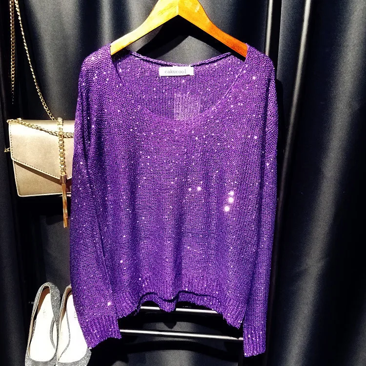 Cakucool Sequined Knit Tops Women Long Sleeve Jumpers Beading Big O-neck Casual Loose Embellish Girls Sweaters Green 14colors | Женская