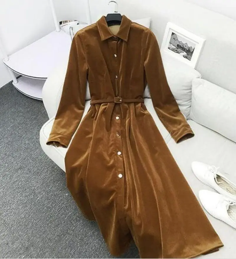 

Осенне-зимнее длинное платье-рубашка для женщин Vestidos Mujer 2020 винтажное вельветовое платье с длинным рукавом ArmyGreen женское платье с карманами ...