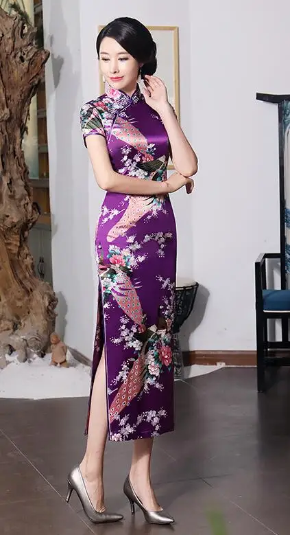 purple Новое поступление фиолетовое китайское женское платье сатиновое Qipao сексуальное длинное Чонсам летнее плюс размер 4XL 5XL 6XL цветочное винтажное Qipao - Цвет: purple