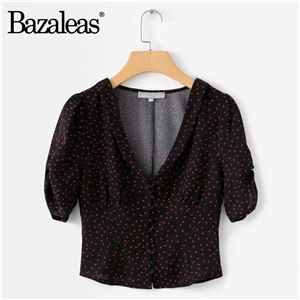 N119 black Bazaleas/Винтажные черные женские топы и блузки с глубоким v-образным вырезом и принтом в красный горошек, укороченный топ, блуза на пуговицах, укороченный blusa feminina - Цвет: N119 black