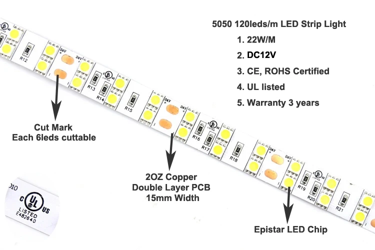 

DC12v 120leds/m RGB led strip 5050 5m/reel double row warm white/white led tape light ip20 Non waterproof