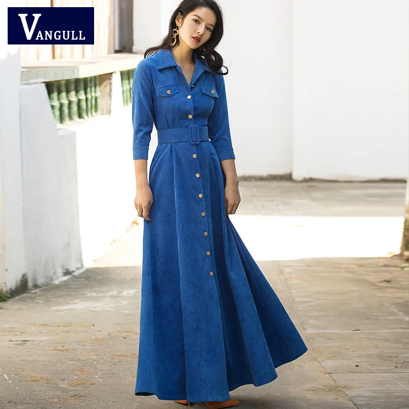 Женское платье с отложным воротником VANGULL повседневное винтажное вельветовое