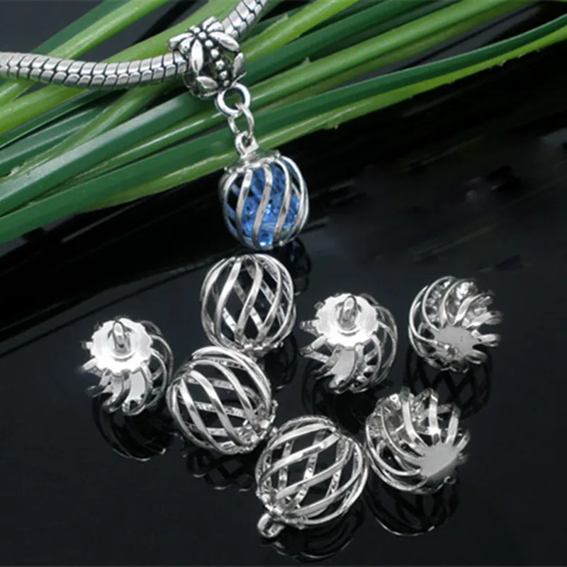 

100Pcs Pendants Filigree Beads Cage Copper Hollow Silver Tone For Charms Necklaces Jewelry DIY Making Findings 14x10mm