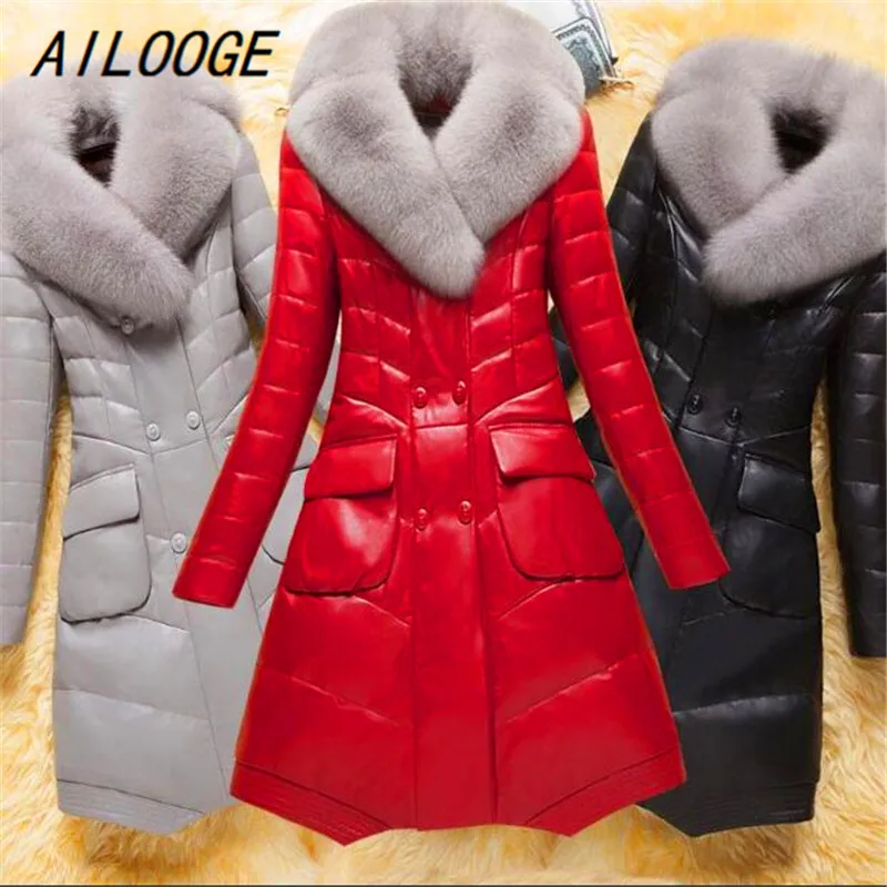 AILOOGE Winter Women Leather Coat High Quality Weight Jacket Duvet Sheep Temperament Fox Fur Collar Fashion Female Down Par | Женская