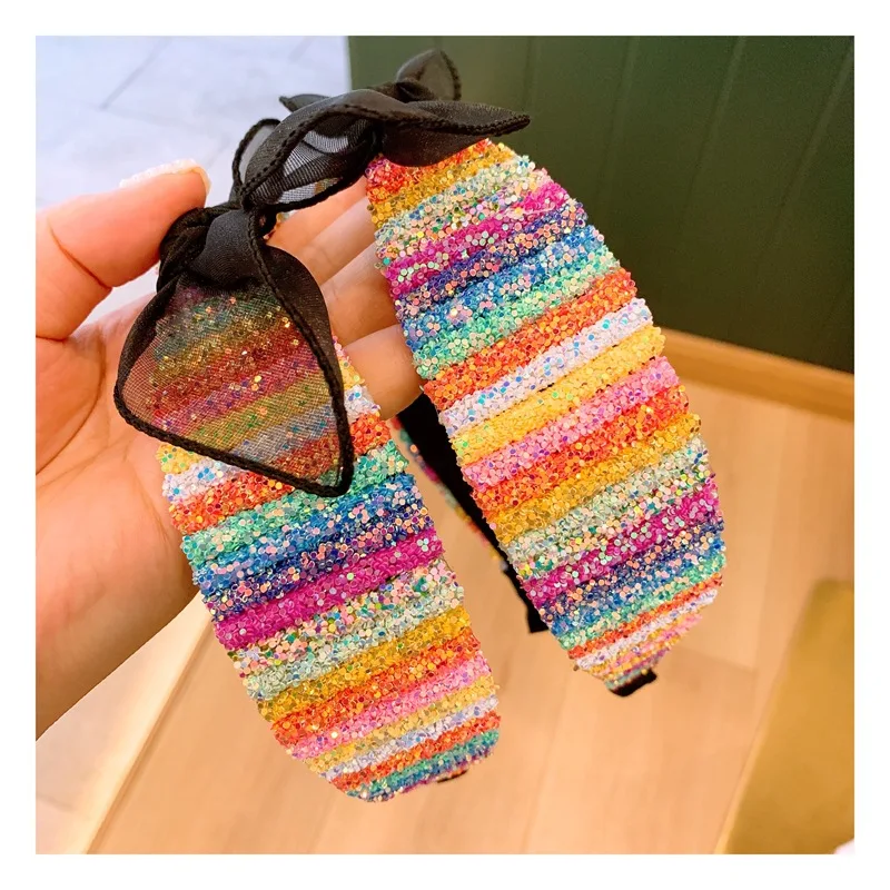 Модные Радужные Блестки черные марлевые бант женские обручи BlingBling повязка на голову diademas para el pelo mujer аксессуары для волос