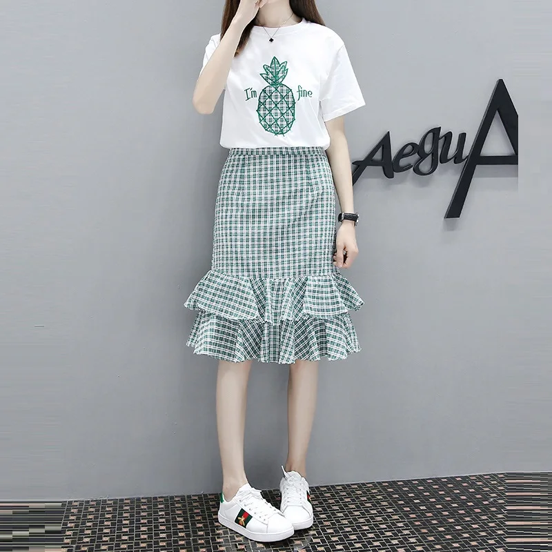Женский костюм белая рубашка и клетчатая юбка с оборками лето 2019|Спортивные