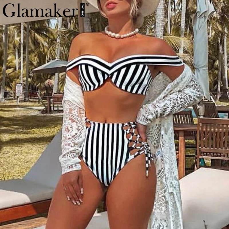 Glamaker, полосатый купальник с открытыми плечами, женский, на шнуровке, купальный костюм, купальник, летний, из двух частей, костюм, сексуальный, высокая талия, пуш-ап, бикини