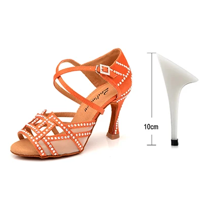 Red-brown 10cm Ladingwu/туфли для латинских танцев; женские блестящие танцевальные туфли со стразами; цвет красный, коричневый; сатиновый бальный танец; обувь с мягкой подошвой - Цвет: Red-brown 10cm