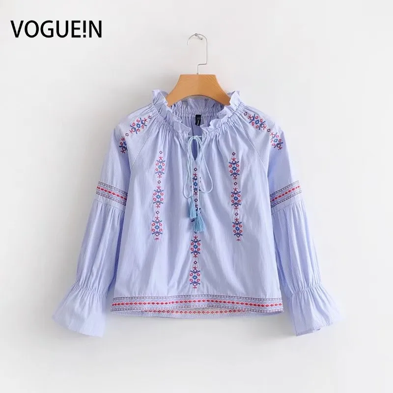 VOGUEIN Новая женская синяя полосатая Этническая Цветочная вышивка пуловер рубашка