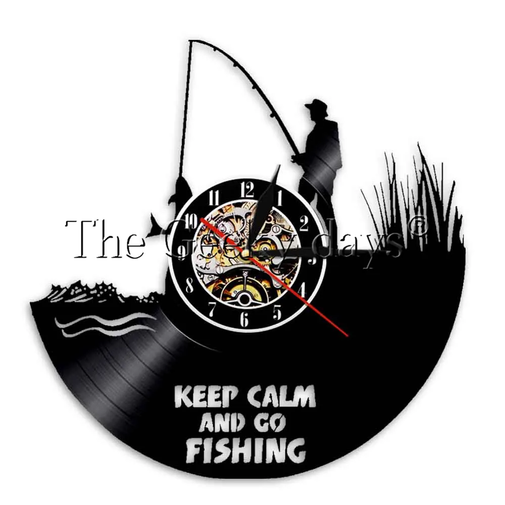 С надписью Keep Calm And Go Fishing виниловых пластинок настенные часы Рыбалка человек