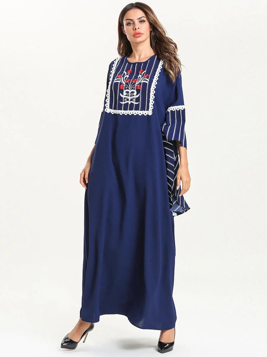 

Spring Summer Embroidery Indie Folk Long Dress 2/3 sleeve Dubai Kaftan Dresses Muslim Women Dress Casual Islamic Clothing 7602
