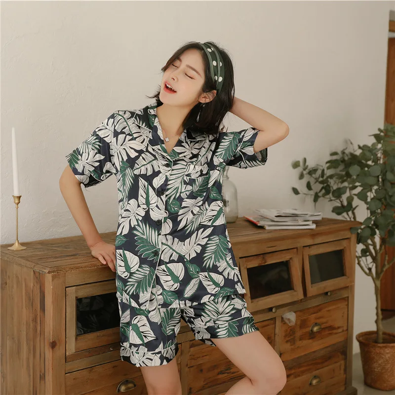 

Casual 2019 new pyjamas women sleepwear set short sleeve print pajamas sets satin nightwear pijama women's suit pyjama femme