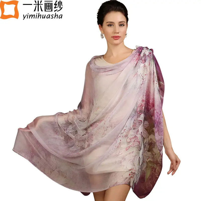 100% Pure шелковый шарф для женщины длинные цветочные печатных шифона хиджаб мягкий