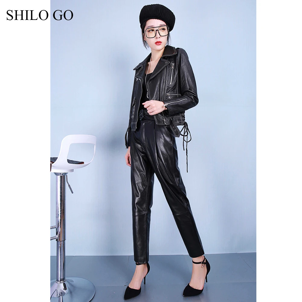 SHILO GO кожаные брюки женские весенние модные овчины Натуральная кожа брюки круглый металлический пояс повседневные выразительные шаровары