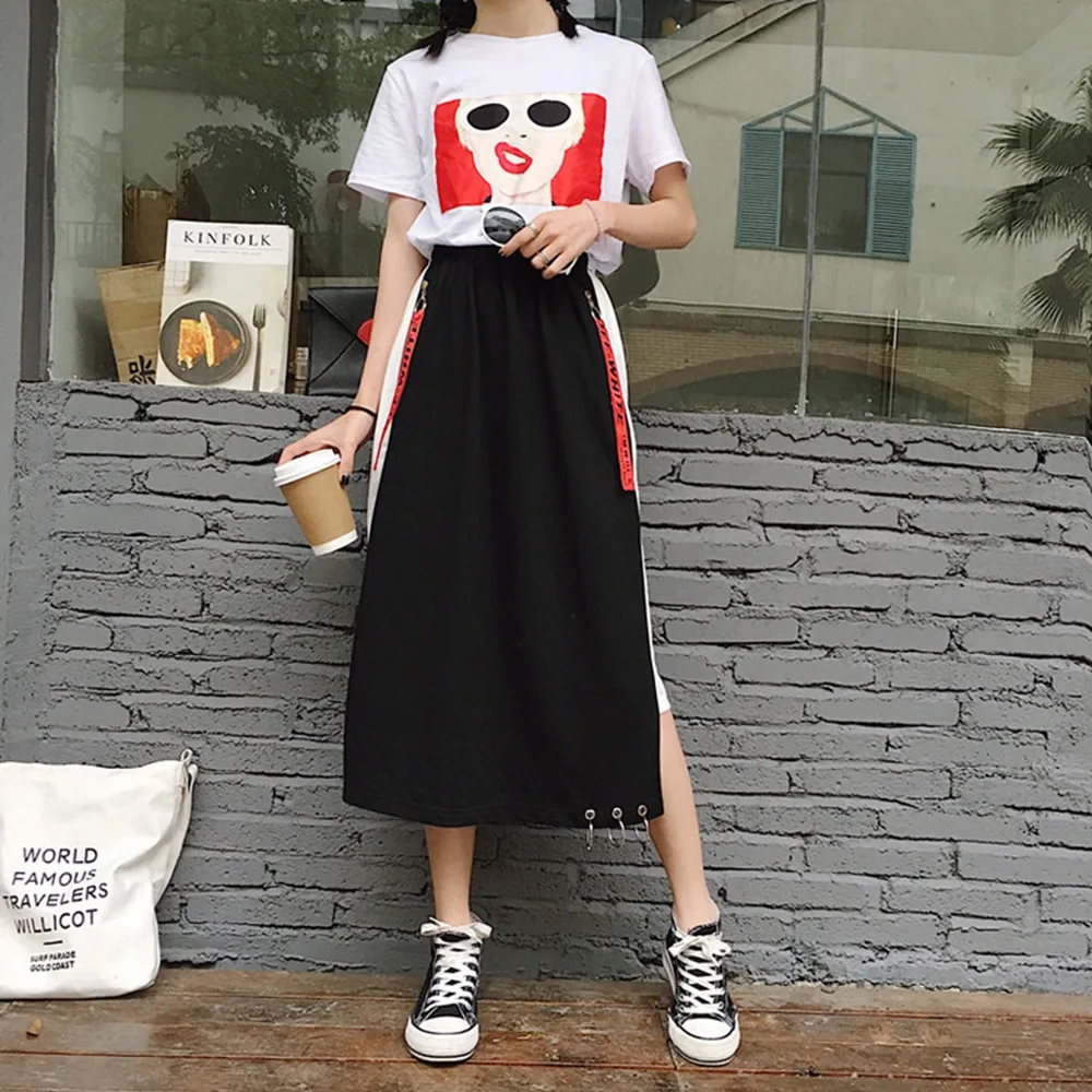 Летняя Корейская юбка с принтом Ulzzang, юбка с принтом в виде букв, для женщин, японский стиль Харадзюку, высокая талия, трапециевидная, черная, белая, длинные юбки, юбка на пуговицах из ленты