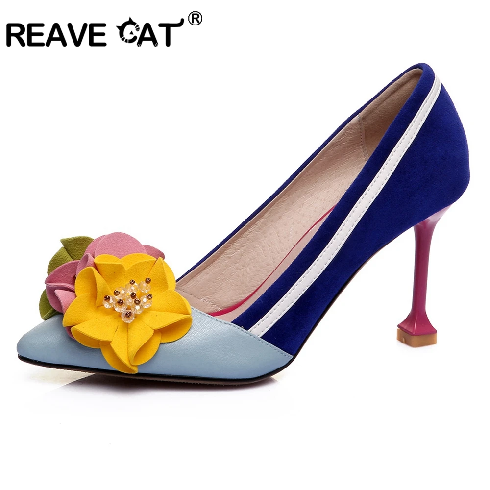 

REAVE CAT Shoes woman High heels Laides pumps Pointed toe Women genuine leather shoes Flower Patchwork Shallow Boats Sexy A1593