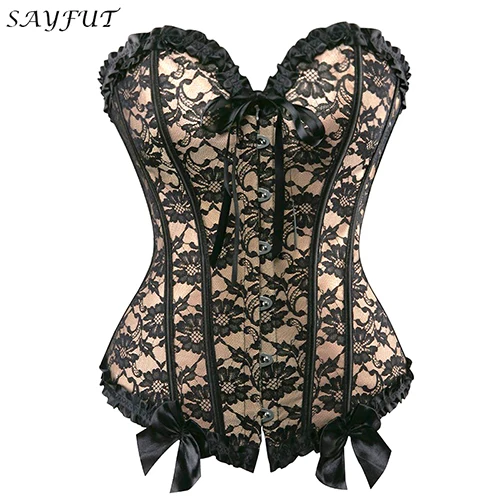 Black SAYFUT, женский сексуальный кружевной корсет с бантом, бюстье, бодишейпер, топ, лиф, цветочный, черный, кружевная отделка, корсеты, обхват груди, талия, тренажер, Cincher - Цвет: Black