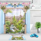 Занавеска для душа в европейском стиле, с ковриком и цветами, водонепроницаемая, из Парижские пейзажи полиэстера, для ванной, для декора