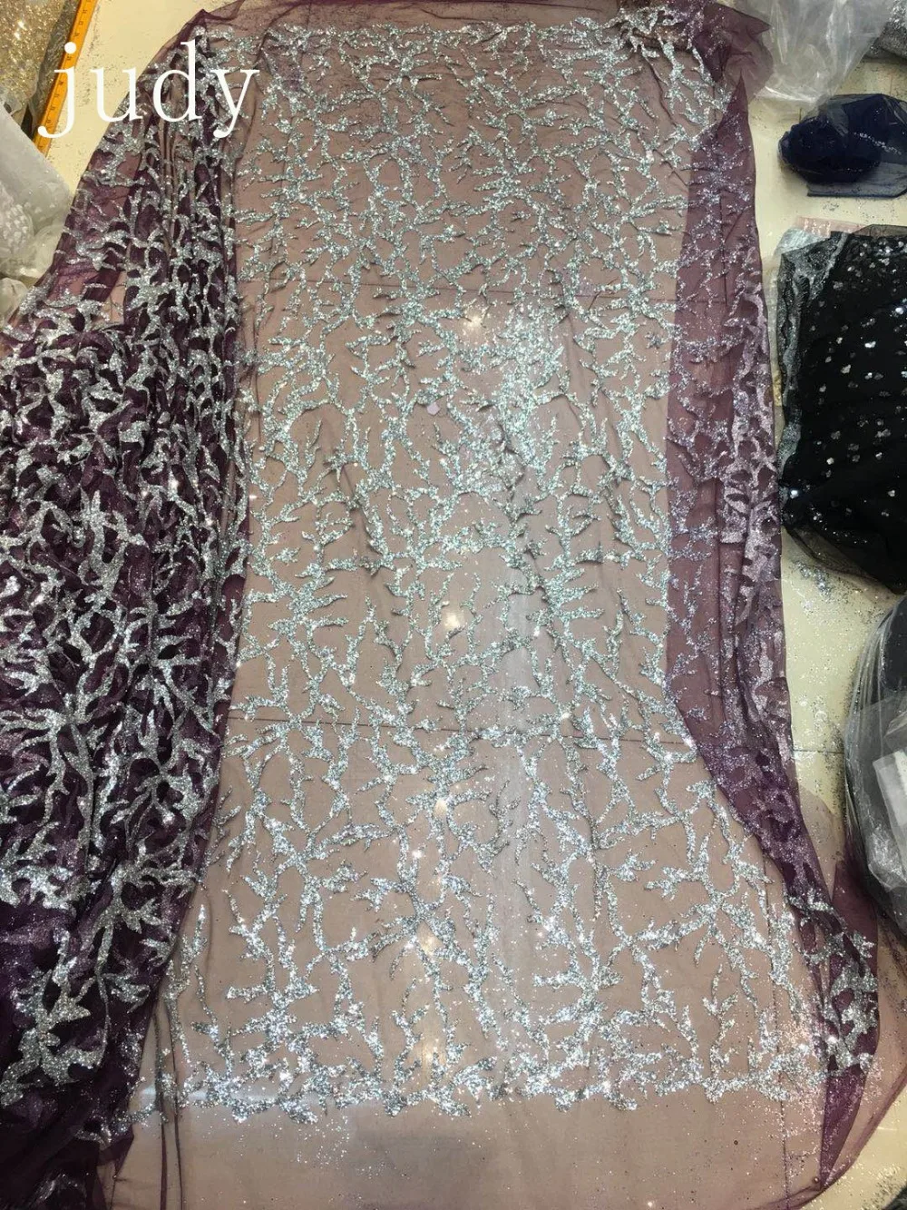 

stock 5yards/bag HL260# A silver shimmery gauze wedding dress with a purple undercoat for bridal wedding dress/sawing