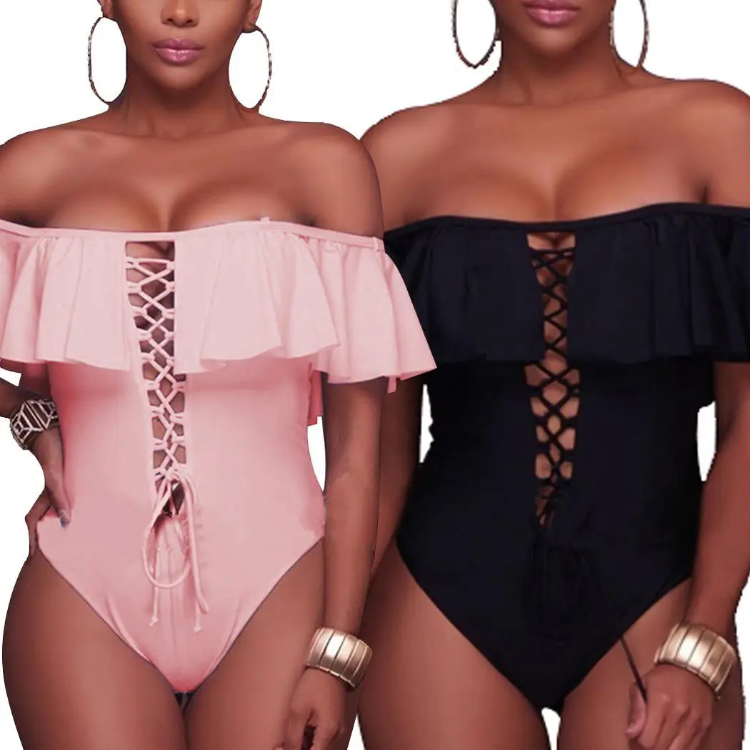 Женский Цельный купальник с открытыми плечами и оборками|Комбинезоны| |