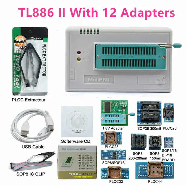 TL866II 12adapter V8.51 TL866II плюс универсальный Minipro программатор+ 28 адаптеров+ тестовый зажим TL866 PIC биос высокоскоростной программатор - Цвет: TL866II 12adapter