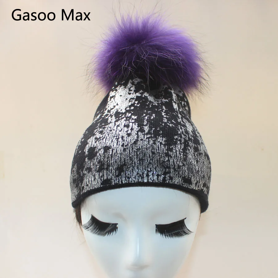 Шапка бини 2017 Женская Золотая и серебряная металлическая шапка с помпоном из