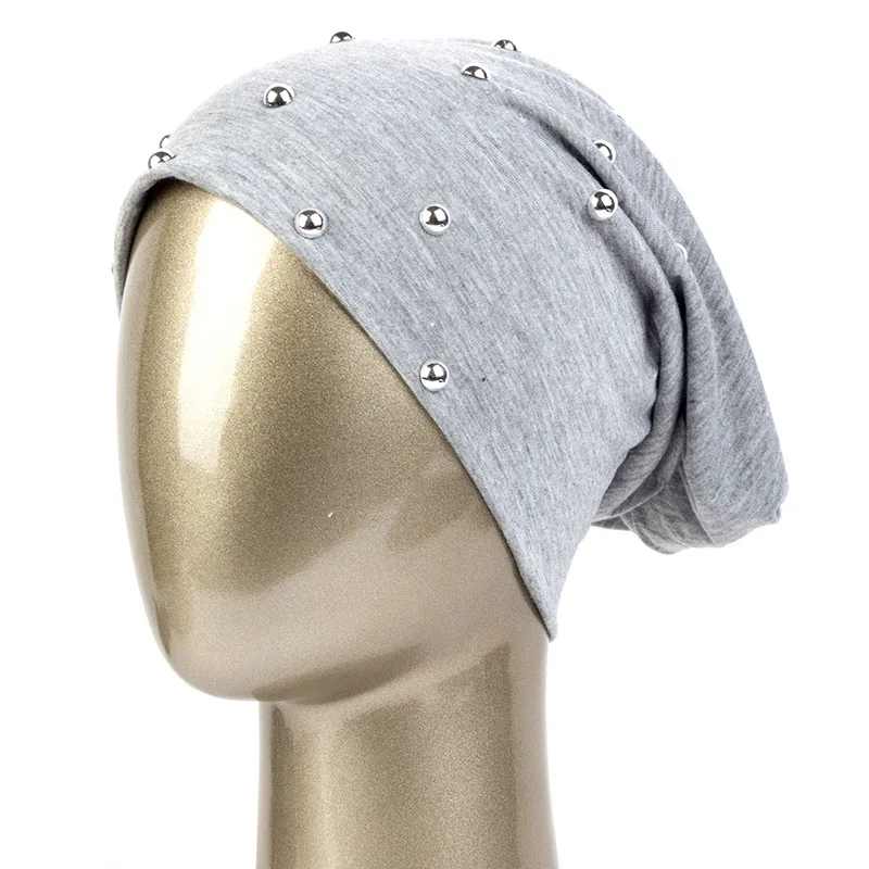 Light gray Модная Женская Ручная шапочка, одноцветная Повседневная хлопковая Лыжная шапочка с жемчугом для девочек, лыжная шапочка для женщин - Цвет: Light gray