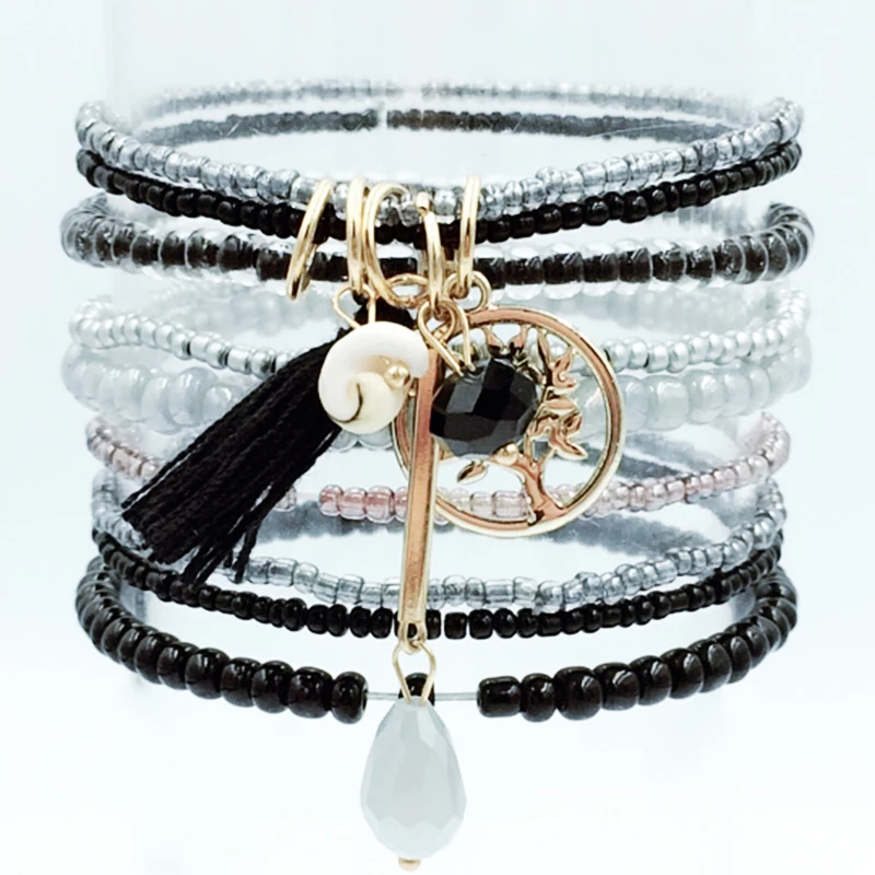 

9pcs/set Hot bohemian 6 Style Couples tree of life tassel crystal glass Beaded Bracelet for Men Women Friend Gift Charm jewelry