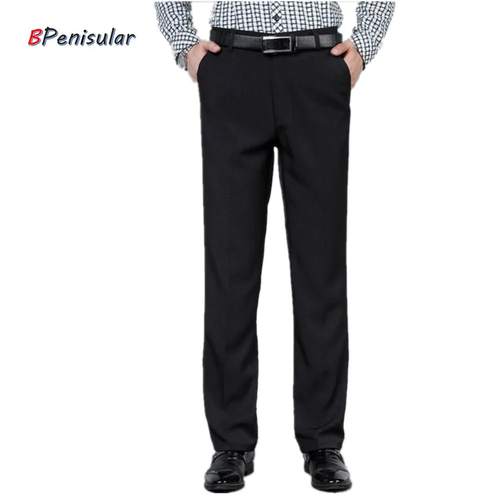 2018 Autumn Long Casual Pants Men Solid Black Straight Fit Office Formal Business Suit Trousers for Father Dad Middle Age | Мужская