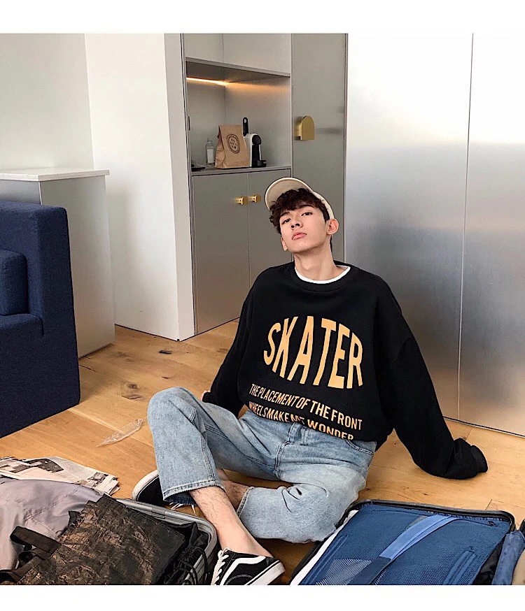 Spring And Autumn New Personality Trend Print Hoodie Loose Casual Round Neck Pullover Black / White / Yellow M-XL