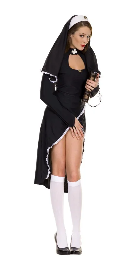 Сексуальный костюм монахини взрослых женщин Косплей платье с черным капюшоном
