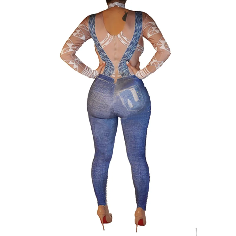 Tsuretobe Printed Strap Denim jumpsuit For Women Hole Bodycon Fashion Bodysuit Female Vestidos Elegant Casual Jumpsuit Slim | Женская