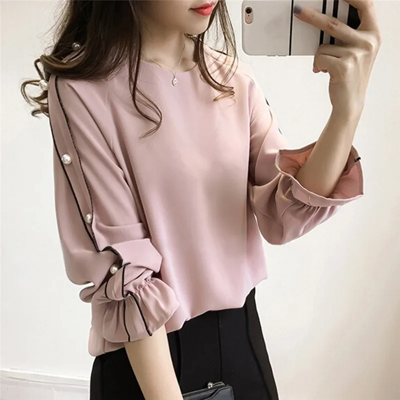 Шифоновая рубашка размера Плюс женский 2021 Blusa бисером топы Осень с длинным