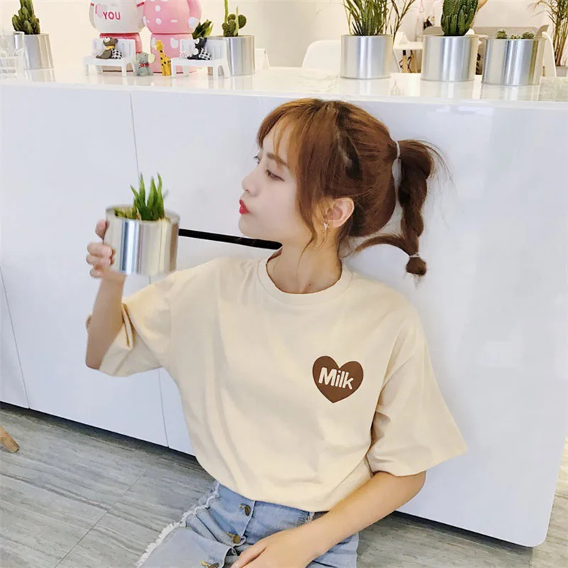 Футболка женская в японском стиле милая свежая простая мягкая хлопковая преппи