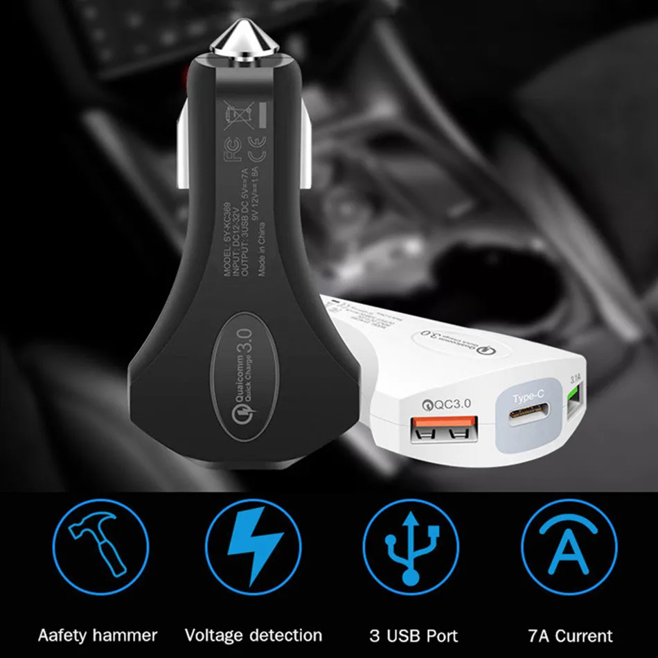 Автомобильный USB Зарядное устройство Quick Charge 3,0 Мобильный телефон Зарядное устройство Тип с 2 портами(стандарт для быстрого автомобильного Зарядное устройство для Xiaomi iPhone samsung планшет автомобильный-Зарядное устройство