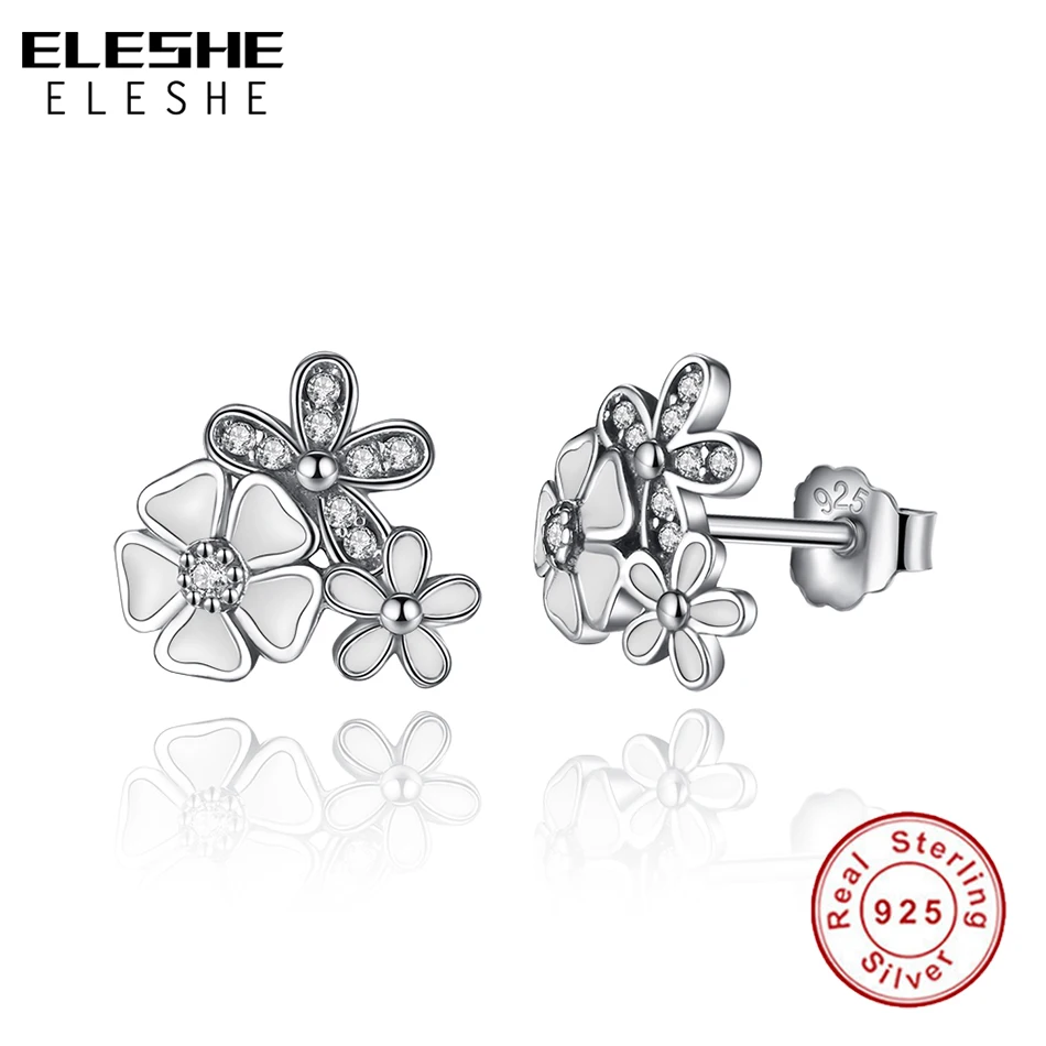 ELESHE/модные поэтические серьги-гвоздики из стерлингового серебра 925 пробы с ромашками и цветком вишни для женщин, ювелирные изделия из циркона AAA и белой эмали