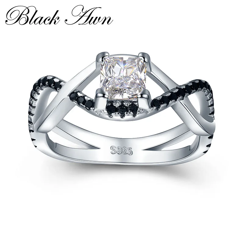 

[BLACK AWN] 3.8g 925 Sterling Silver Jewelry Black Stone Wedding Rings for Women Square Zircon Engagement Ring Femme Bague C431