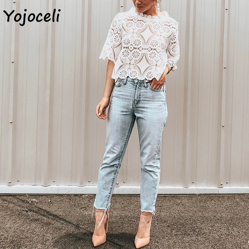 Yojoceli белое с кружевами связанными крючком открытые женские блузки рубашки