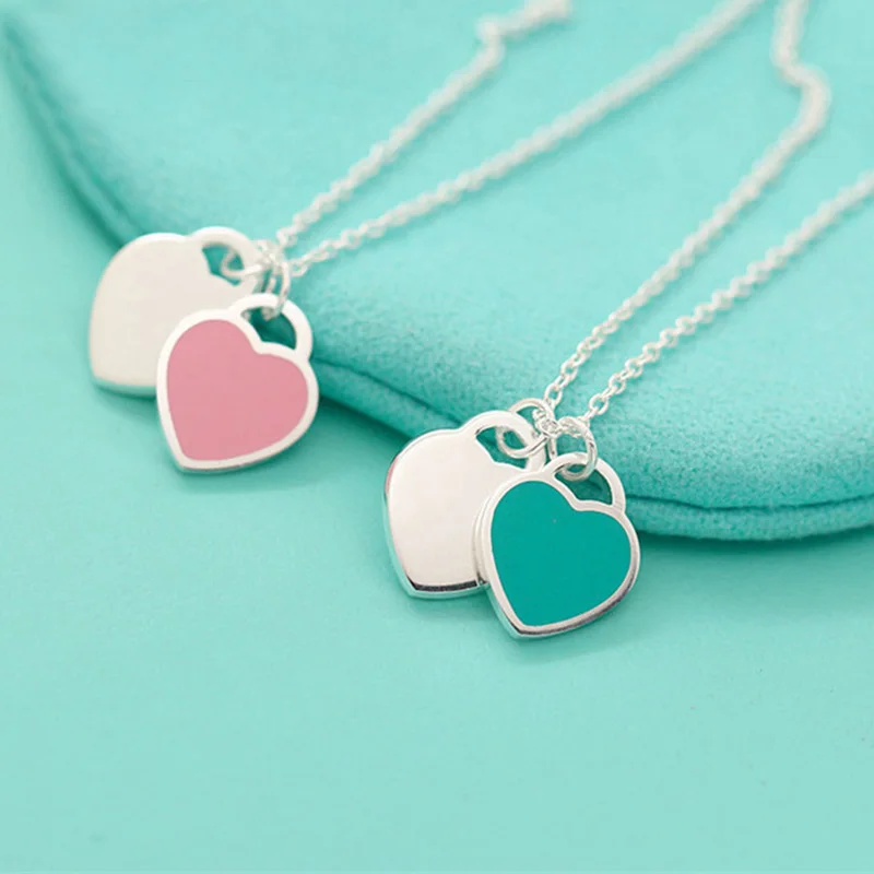 Женское ожерелье с подвеской FOREVER LOVE колье эмалью и двойным сердечком ювелирное