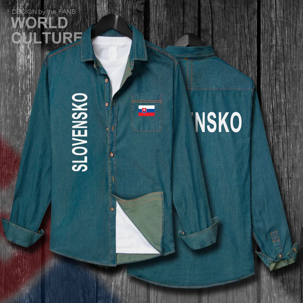 

Slovak Republic Slovakia SVK Slovensko Men Nation Flag Clothes Autumn Cotton Long Sleeve Cowboy Turn-down Collar Jeans Shirt new