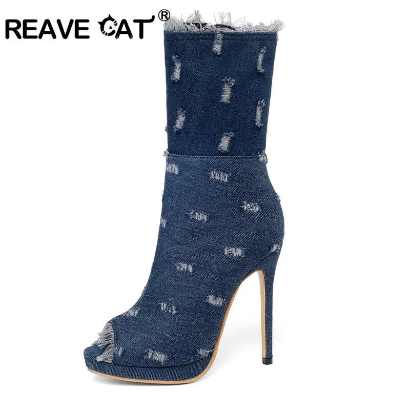 Женские джинсовые сапоги до колена REAVE CAT синие на тонком каблуке шпильке с