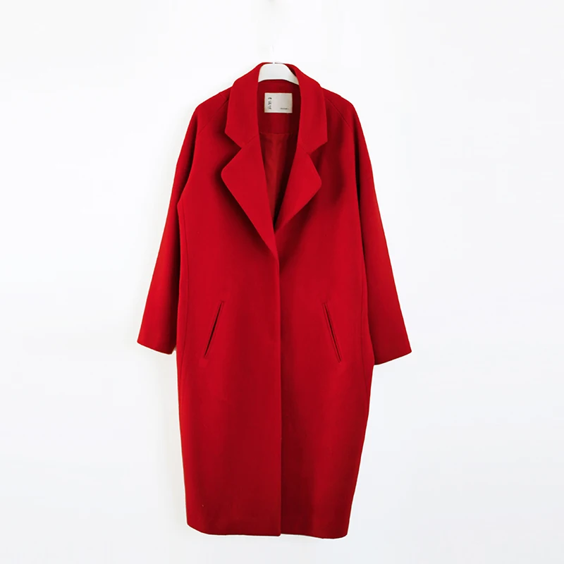 Once the New Retro coat collar suit slow homemade woolen loose cocoon shaped long red knee | Женская одежда